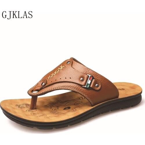 Genuine Leather Leather Mens Flip Flops Summer Sandals Flats Mens Slippers Outdoor Leather Casual Shoes Men Flip Flops Slipers