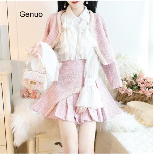 Tweed Two-Piece Set Short Beaded Jacket + Asymmetric Pleated Skirt Plaid Elegant Temperament Chic Women Suit 2020 New