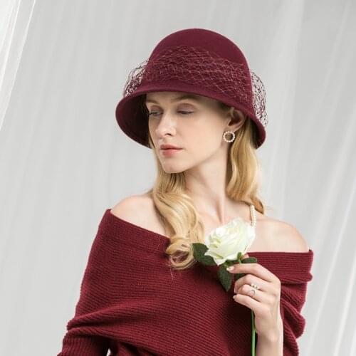 Female 100% Wool Fedora Cap England Vintage Women Felt French Dome Hats Bone Feminino Wool Party Veil Hat Adjustable B-8777