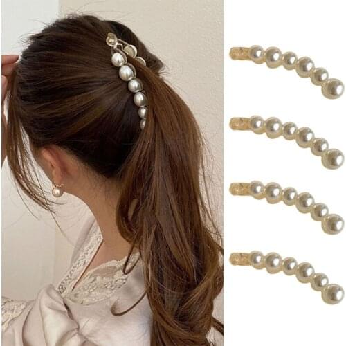Women Shiny Artificial Pearls Hair Barrettes Luxurious Jewelry Acrylic Banana Clips Jaw Clamp Vintage Ponytail Holders
