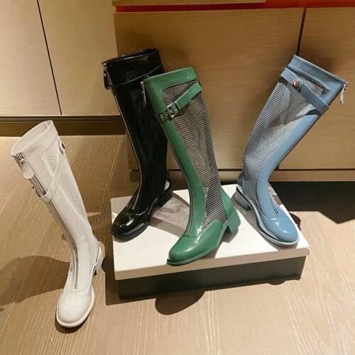 Women Genuine Leather Knee High Boots Fashion Buckle Thick High Heel Hollow Mesh Boots Round Toe Zipper Spring Summer Shoes Lady