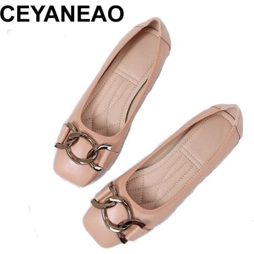 CEYANEAOflat shoes for women spring autumn Casual Metal chain square toe boat shoes for office lady loafers leather shoes woman