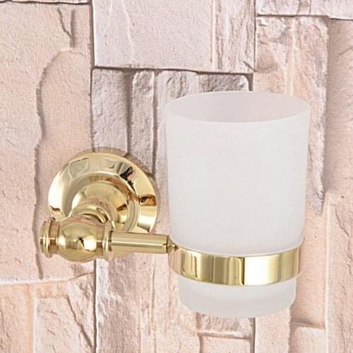 Gold Color Brass Single Toothbrush Holder With Scrub Glass Cup Wall Mounted Bathroom Accessories aba309