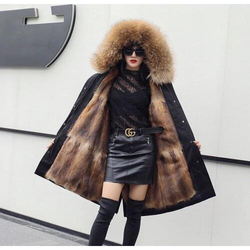 2019 new real genuine mink fur liner large fox fur coat womens winter outerwear jacket coats Parkas hooded clothing