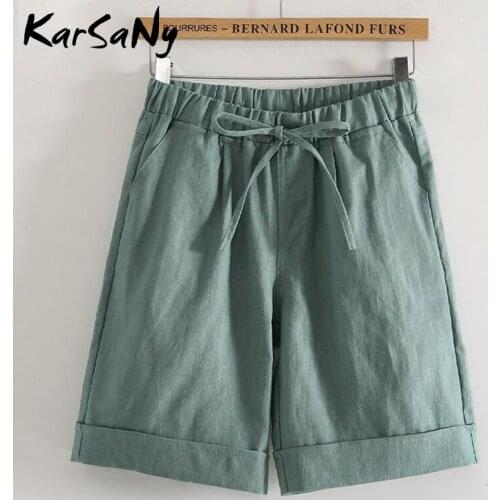KarSaNy Summer Women Cotton Linen Pants High Waisted Plus Size Knee Lenght Women Straight Pants Black Elastic Waist Trousers