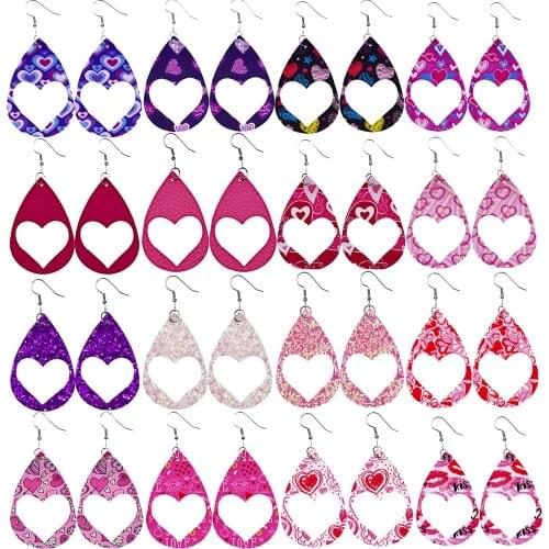 Valentines Day Hollow Love Heart Leather Earrings Female Creative New Print Drop Earrings Fashion Jewelry Gifts Wholesale