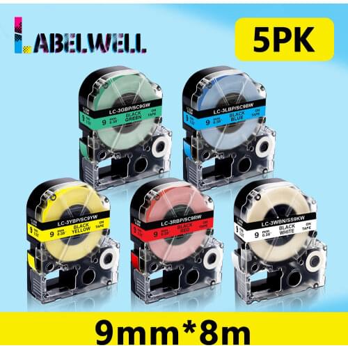 Labelwell 5Pcs 9mm labels for Epson SS9KW SC9YW SC9RW SC9BW SC9GW compatible for Epson Kingjim LW-300 LW-400 LW-700 Label Maker