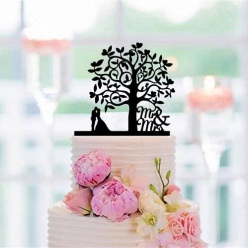 Love Tree Bride Groom Wedding Cake Topper Acrylic Decoration for Special Event Gold Mirror , Black , Wood Mr & Mrs