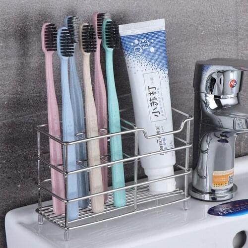 Wall-mounted Metal Stainless Steel Toothbrush and Toothpaste Holder Organizer Punch-free Storage For Home Bathroom Accessories