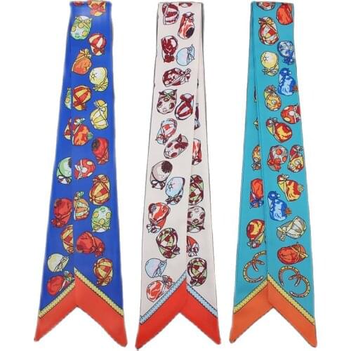 Newly listed womens headscarves fashion hats printed womens silk scarf tied bag narrow ribbon ,headband hijab scarf C41