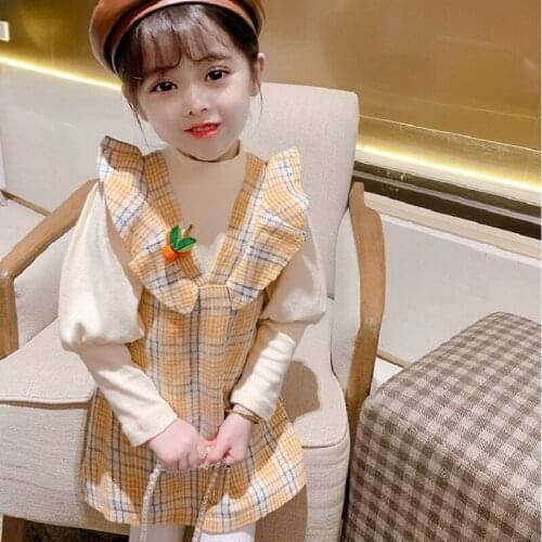2020 New Long Sleeve Girls Dress Causal Two-piece Suit Plaid Dress+white Top Children Clothings fit 2-6Y Autumn Winter Vestidos