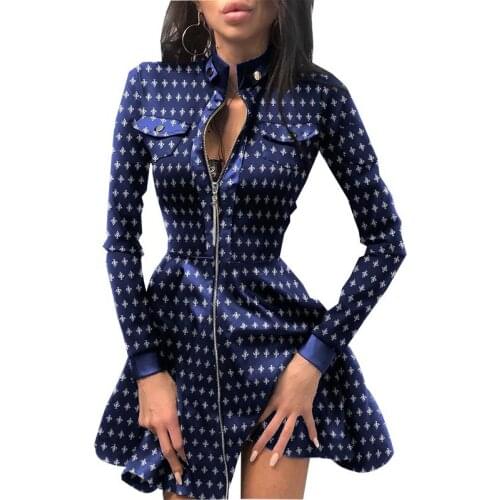 2021 Clothing New Fashion Popite WomenS Dress Autumn And Winter Long Sleeve V-Neck Zipper Pu Pocket Skirt