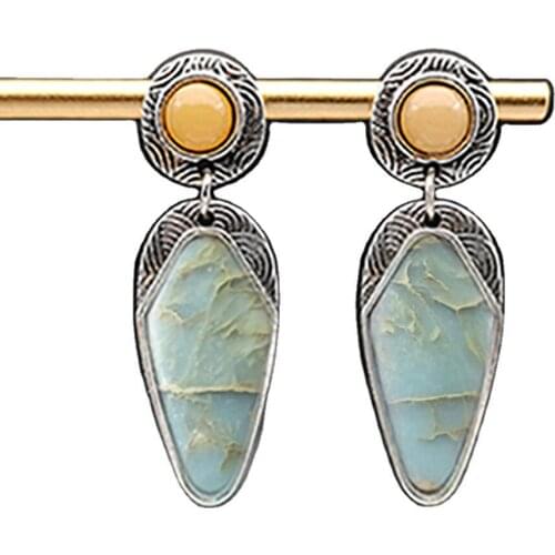 New Topaz With Marble Geometric Pendant Earrings Ethnic Pattern Retro Earrings For Women Fine Jewelry Gift Fashion Wedding Style
