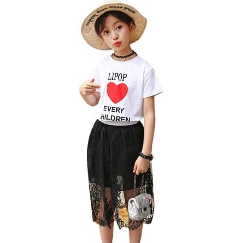 Teen Girls Clothing Letter Tshirt + Lace Skirt Girls Clothing Heart Pattern Costume For Girl Summer Childrens Tracksuit
