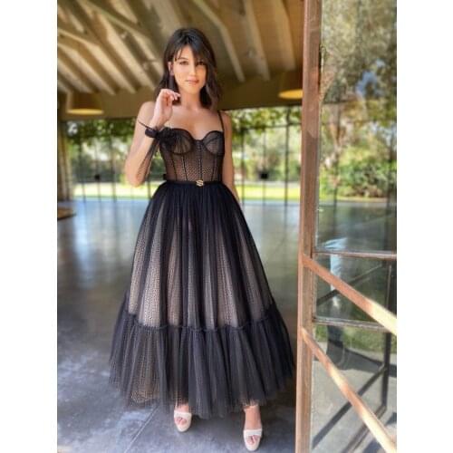 Tea Length Prom Dresses Sweetheart Short Evening Dresses A Line Dot Tulle Tea-Length Formal Party Gowns