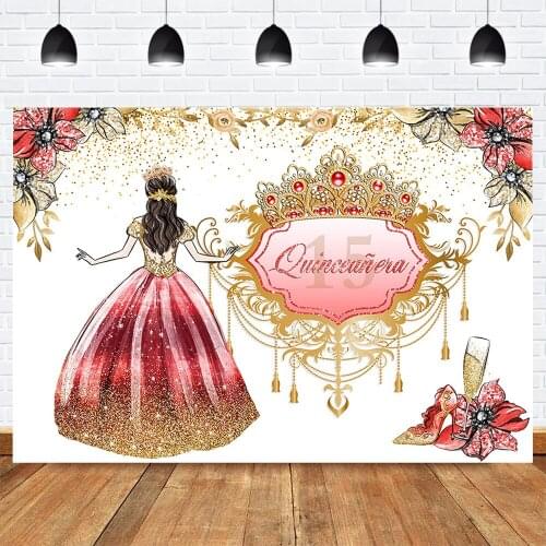 Quinceañera Mexico 15th Adult Ceremony Photography Backdrop Princess 15th Birthday Background Girl Red Dress Gems Gold Crown