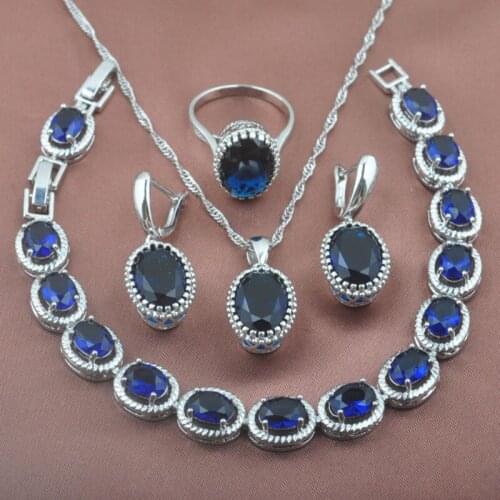 Wedding Womens Jewelry Sets Bracelet Necklace Pendant Egg Design Blue Cubic Zirconia Earrings Ring YZ0193
