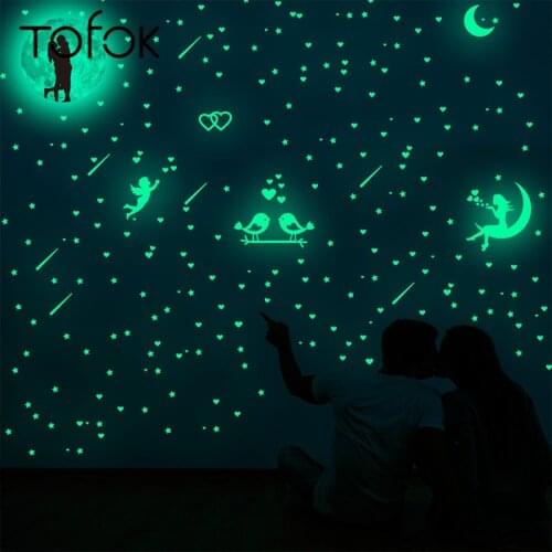 Tofok DIY Luminous Moon Lovers Planet Wall Sticker Set Self-adhesive Fluorescent Decorative Sticker Home Ceiling Wall Decals