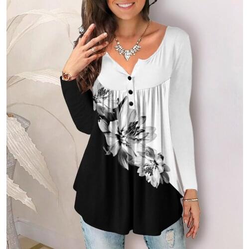 Women Boho Long Sleeve T Shirt New Autumn Female Floral Print T-shirt Casual Loose Ladies Pleated Stitching Gradient Top Shirt