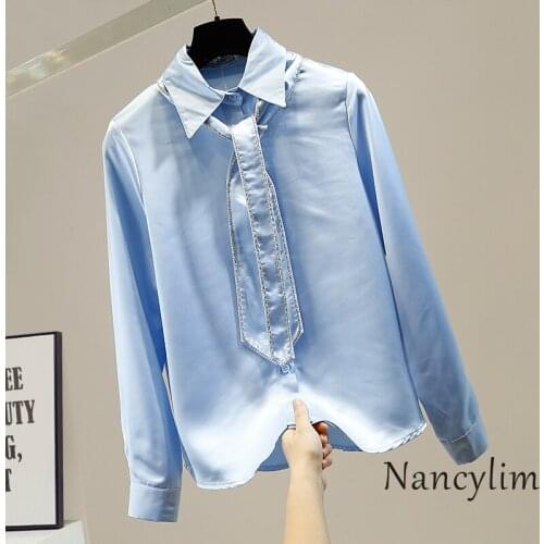 Womens Shirt 2020 Diamond Chain Strap Bow Single-Breasted Satin Long Sleeve Shirt New Temperament Lady Tops Student Blusas