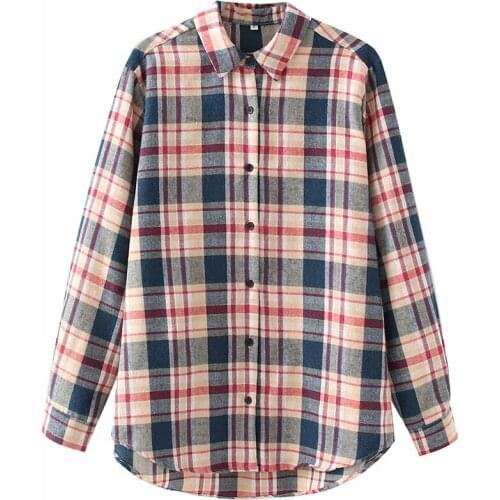 Aonibeier Classic Basic Plaid Shirt 2021 Summer Autumn Wrist Sleeve Turn Down Collar Button Front Women Casual High Low Blouses