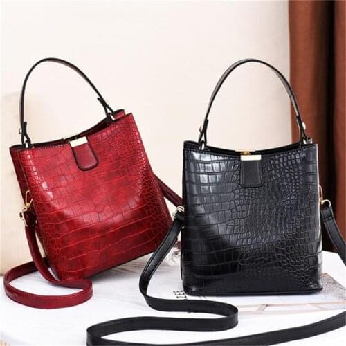 Bucket Bags Women Crocodile Pattern Handbag Capacity Casual Solid Color Crocodile Shoulder Messenger Bags Ladies Pu Purse