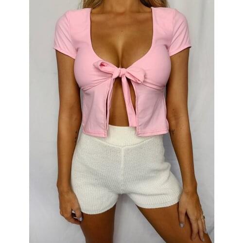 T-shirts Women Femme Tshirts 2021 Summer Ladies Summer short-sleeved low-cut lace-up Sexy T-shirt Female HJY8401