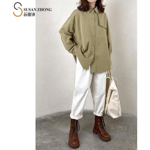 Women Shirts Feme Blouse Lady Top 2021 Spring Summer Natural Normcore Casual Cotton Turn-Down Collar Patchwork Pockets Vintage