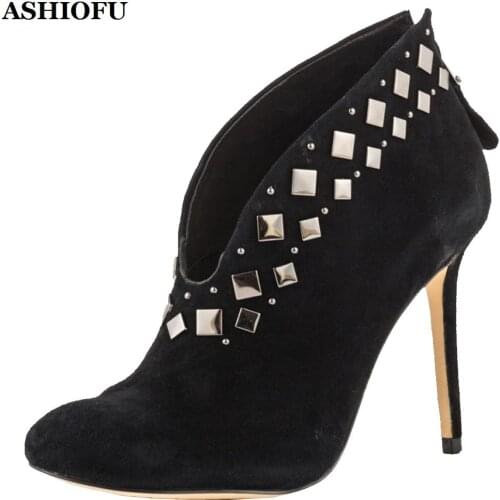 ASHIOFU New Real Photos Handmade Ladies High Heel Pumps Rivets Spikes Party Dress Shoes Stiletto Evening Fashion Court Shoes