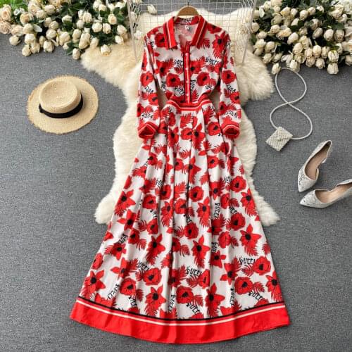 Banulin 2021 Autumn Runway Long Dresses Womens Long Sleeve Gorgeous Flower Print Buttons up Holiday Party Dress Robe Longue