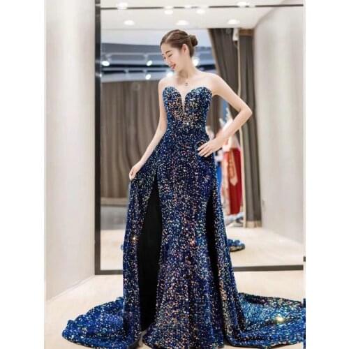A Line Evening Gowns Vintage Evening Dresses Long Robe de Soiree Abendkleider 2021 Sexy High Split Backless Sequin Prom Dress