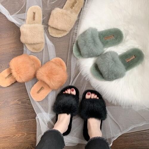 Winter Warm Comfy Fur Slippers Women Indoor Outdoor Elegant Flats Furry Fluffy Slides 2021 New Arrival Soft Fuzzy Non-slip Slide