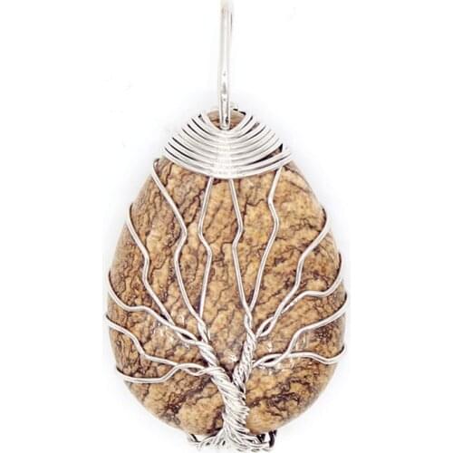 100-Unique 1 Pcs Silver Plated Wire Wrap Tree of Life Water Drop Stripe Picture Stone Pendant For Party Gift