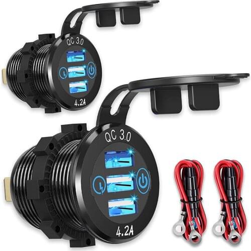 2PCS DIY Aluminum Charger QC 3.0/4.2A Triple USB Socket Touch Switch Waterproof for Car Boat Marine Truck Golf Cart Motorcycle