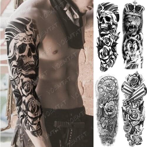 Large Arm Sleeve Tattoo Clocks Rose Gun Lion Waterproof Temporary Tatto Sticker Flower Time Body Art Full Fake Tatoo Women Men