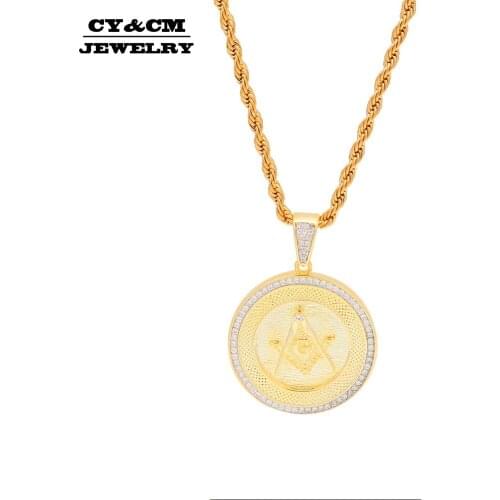 CY&CM Vintage Bling Freemason Necklace Pendant Cuban Cubic Zirconia Gold Silver Color Rope Chain Fashion Hiphop Masonic Jewelry