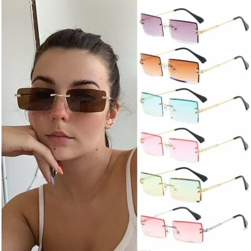 Travel Vintage Lady Summer Style Female Eyewear UV400 Square Rimless Sunglasses Women Retro Polygon Grey Gradient Sun Glasses
