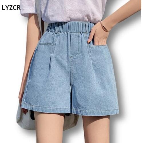 LYZCR Loose Mom Jeans Shorts Women Summer Wide Leg Womens Denim Shorts Casual Short Pants Woman Elastic Waist Jeans for Women