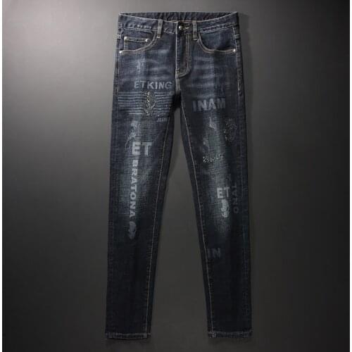 European American Street Fashion Men Jeans Retro Elastic Slim Fit Ripped Printed Jeans Men Skull Embroidery Designer Punk Pants