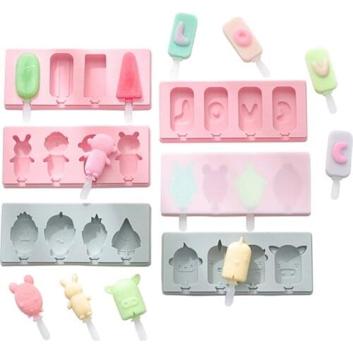 Ice Cream Mold 4-Cell Silicone Ice Cube Tray Reusable Cartoon Popsicle Mould DIY Homemade Freezer Ice Maker 22.4 X 9.3 X 2.4 CM