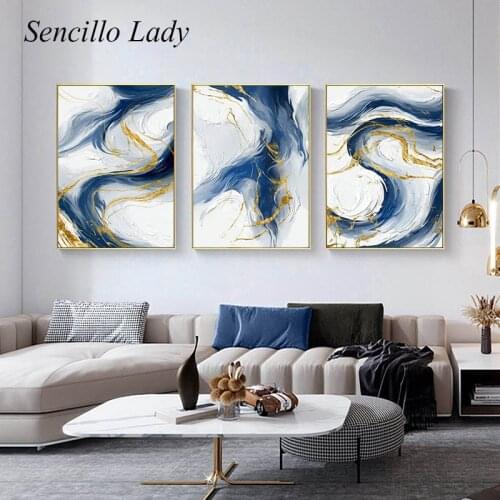 Blue Gold Abstract Canvas Painting Graphic Luxury Style Art Poster Simplicity Print Wall Picture Modern Living Room Decoration
