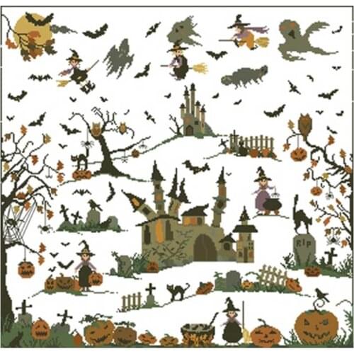 Halloween witch castle patterns counted 11CT 14CT 18CT DIY Cross Stitch Sets wholesale Cross-stitch Kits Embroidery Needlework