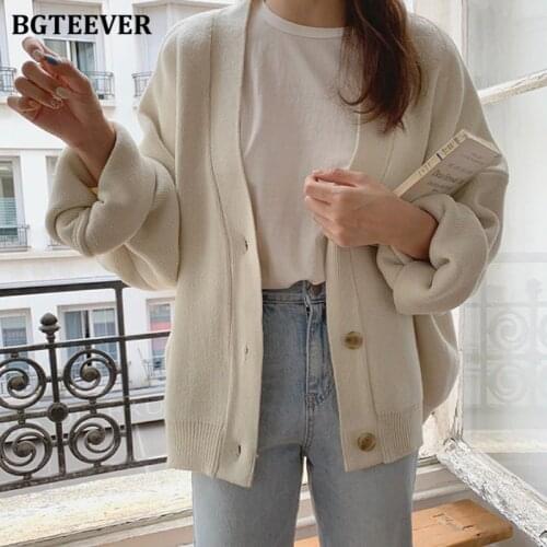 BGTEEVER Winter Thick V-neck Loose Female Sweater Cardigans Casual Solid Full Sleeve Single-breasted Ladies Knitted Jacket 2020