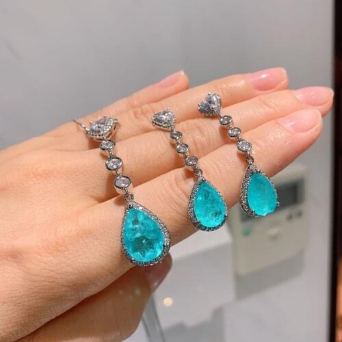 QTT Paraiba Classic Tourmaline Gemstone Jewelry Set Luxury 925 Sterling Silver Earrings Necklace Bridal Wedding Party