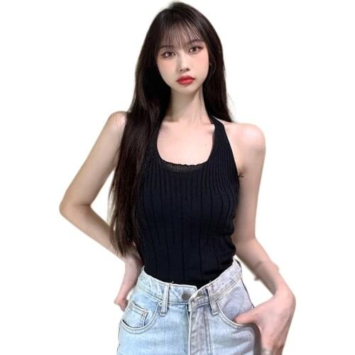 Summer French Pure Knitting Vest Square Neck Design Halter Neck Beauty Back Tanks Tops