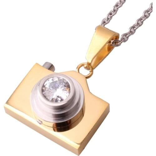 Fashion Stainless Steel Link Gold Crystal Charm Photographer Camera Pendant Necklace Cross Chain Mens Womens Jewelry Xmas G