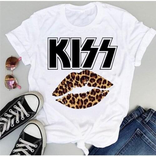Summer New Fashion Short Sleeve Tshirts Leopard Lips Kiss Letters Graphics Printed Women T-shirt Female Casual O-neck Tops Tee