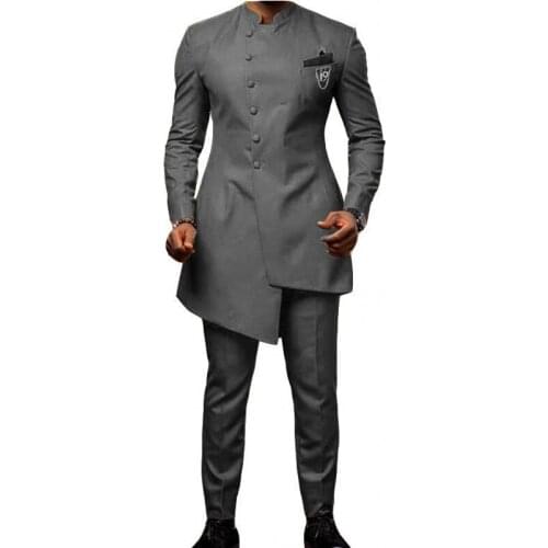 New Style Men Suits Dark Grey Groom Tuxedos Mandarin Lapel Groomsmen 2 Pieces Wedding Best Man ( Jacket+Pants+Tie ) C984