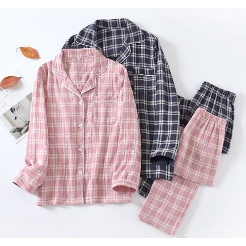 Japanese new style spring and autumn couple 100% cotton pajamas womens simple plaid mens large size casual home service suit