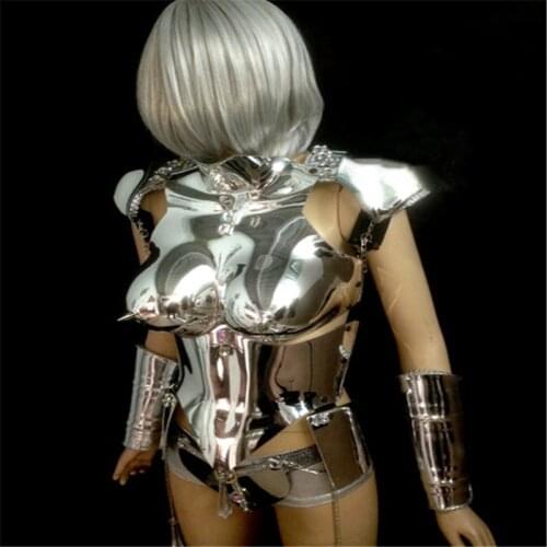 KS44 Party women robot suit dj perform silver mirror bodysuit singer dress dance stage costumes armor outfits sexy disco wears